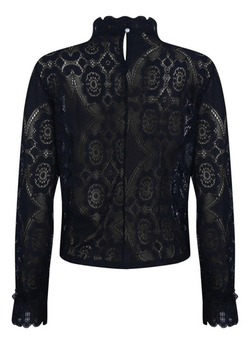 Blusa Transparente De Encaje Con Cuello Alto Y Manga Larga P