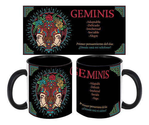 Taza Negra C/ Caja Ceramica 325ml Zodiaco Maya Geminis 1416