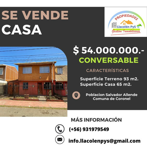 Se Vende Casa En Sector Salvador Allende Comuna De Coronel 