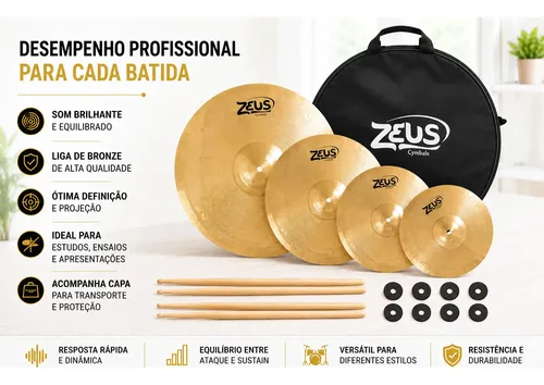 Kit Pratos Zeus Beginner 14/16/20 Hi-hat Crash Ride | MercadoLivre