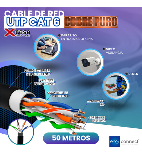 Cable Utp 50m Doble Forro Cat 6 Xcase Cobre Puro