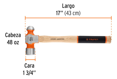 Martillo Pulido De Bola 48 Oz Mango Hickory, Truper Grip
