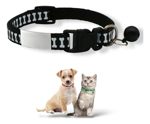 Collar Ajustable Con Cascabel Para Perro Gato Mascotas Hueso Color Negro Huesos Tamaño del collar S