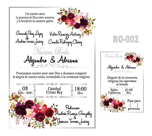 50 Invitaciones Para Boda, Matrimonio, Floral Tam. 5x7 Pulg