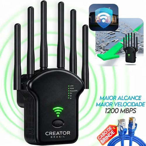 Repetidor De Sinal Wi-fi 6 Antenas Roteador Wireless 1200mbps Longo Alcance Amplificador Internet Potente Fácil Instalação Cor Preto Creator Brasil