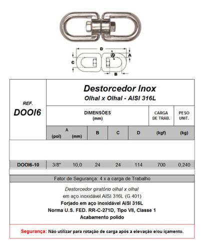 12 Unid Destorcedor Olhal X Olhal Em Aço Inox 10mm 3/8 700kg
