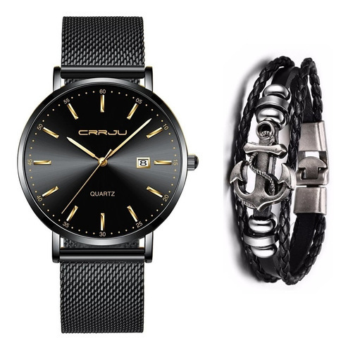 Relógio Masculino Metal E Aço Inox Ultra Fino + Pulseira Cor da correia Preto Cor do bisel Preto Cor do fundo Preto