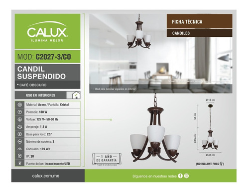 Candil 3 Luces Terminado Chocolate, C2027-3/co, Calux