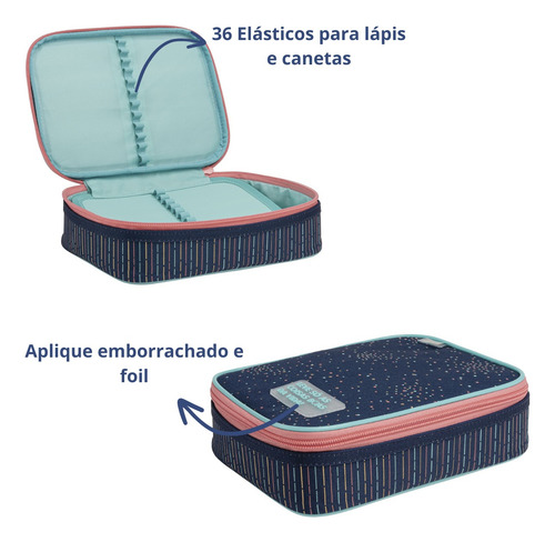 Estojo Box Académie Dots Tilibra C/ Divisórias Azul Bolinhas