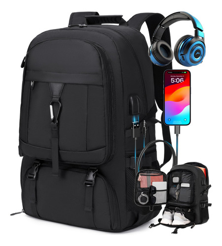 Mochila De Viaje Deportiva Gym Impermeable Para Hombre De Grande Capacidad 80l Con Compartimentos Para Zapatos Y Laptop De 18'' Escolar Negro Con Puerto De Carga Usb