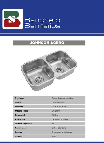 Pileta Bacha Doble De Cocina Johnson Cc28/18 Acero Inox