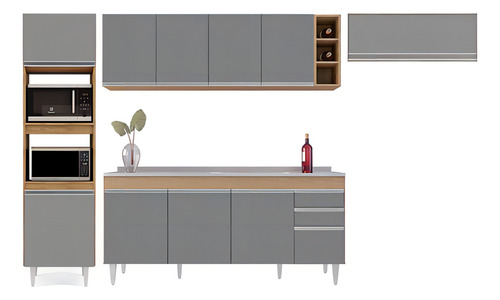 Lumil Móveis Cp18 Armário de Cozinha Modulada 5 Pç Armário/Balcão com Pia Marrom/cinza