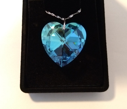 Colar Coração Cristal Swarovski Blue Ab 2,0 Cm - Prata 925