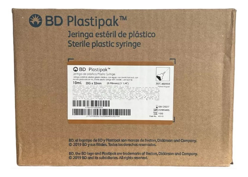 Jeringa Bd Plastipak 10 Ml 20g X 32mm (100 Piezas) Dorada