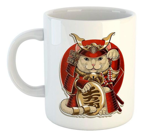 Taza De Ceramica Gato Cat Zamurai Rojo Casco Espada