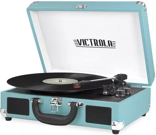 Tocadiscos Vintage Portafolio Victrola Portatil Bluetooth Color Celeste