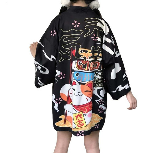 Lady Japonés Kimono Lucky Cat Yukata Chaqueta