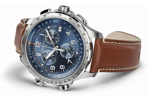 Reloj Hamilton Aviation X-wind Gmt Chrono Quartz H77922541 Malla Marrón Bisel Plateado Fondo Azul