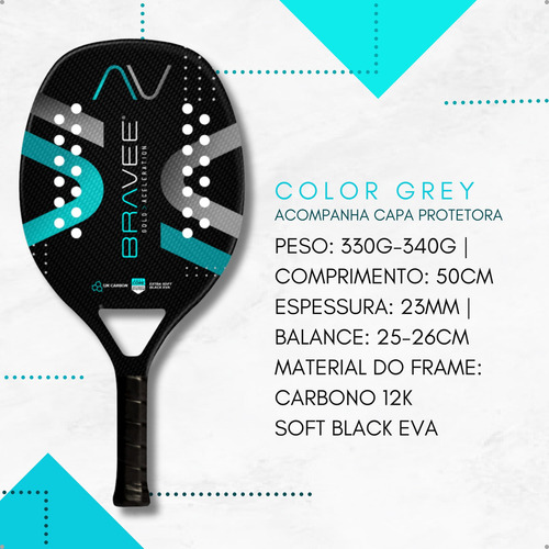 Raquete Beach Tennis 12 Bravee + Capa Cor Cinza