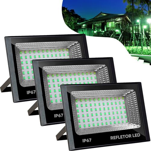 Kit 3 Refletor Led 100w Luz Verde 127/220V 1º Linha Flos