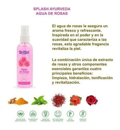Imagen 2 de 2 de Agua De Rosas Srisri Ayurveda Tonico Facial Vegano 100ml Tipo De Piel Todo Tipo De Piel