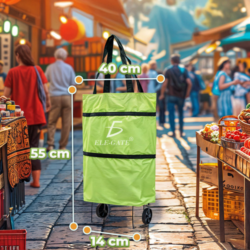 Carrito Compras 2 En 1 Bolsa Plegable Ruedas 25 L Capacidad Multifuncional Color Verde Ele-Gate