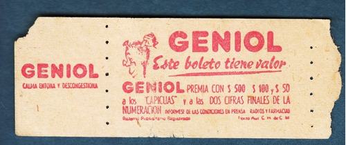 Antiguo Boleto Cutcsa Propaganda Premio Geniol Raro Vintage