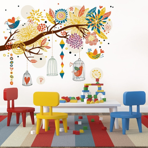 Vinil Decorativo Rama-i06 Árbol, Jaulas, Pájaros Y Flores. Color Multicolor