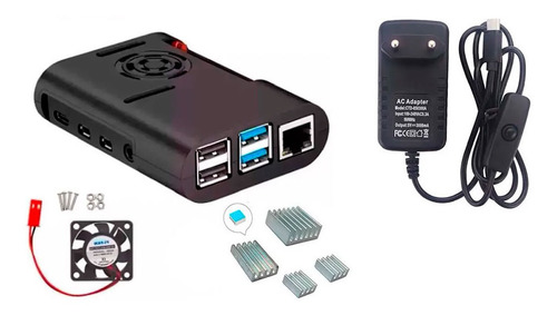 Case + Cooler + Fonte + Dissipadores Para Raspberry Pi4 Pi 4