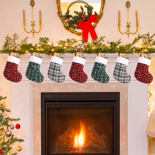 12 Mini Medias De Navidad 20 Cm A Cuadros Copo De Nieve