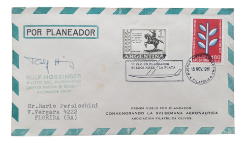 Vuelo Planeador Bs. As- La Plata Firmado Rolf Hossinger 1961