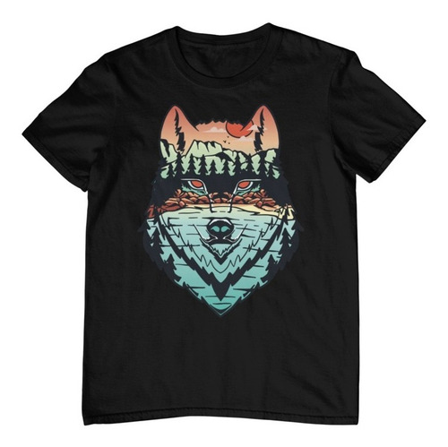 Imagen 1 de 5 de Playera De Hombre Negra Estampada Lobo Cuello Redondo