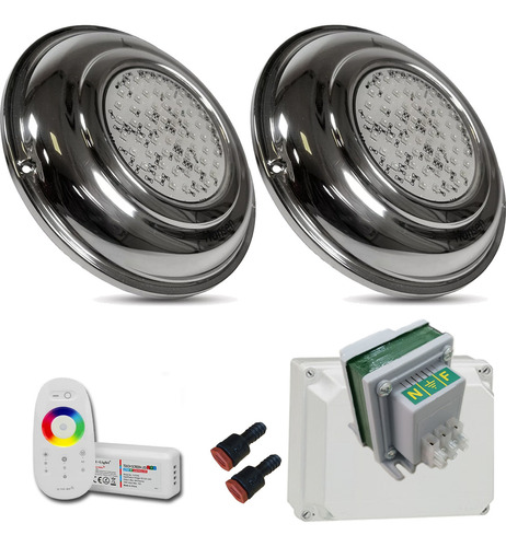 Luces De Pileta Kit 2 Luces Led 20w Rgb 23cm De Acero Inoxidable Con Transformador Caja Controlador Rgb Y Pasamuros Listo Para Instalar En Pileta De Material Hormigon
