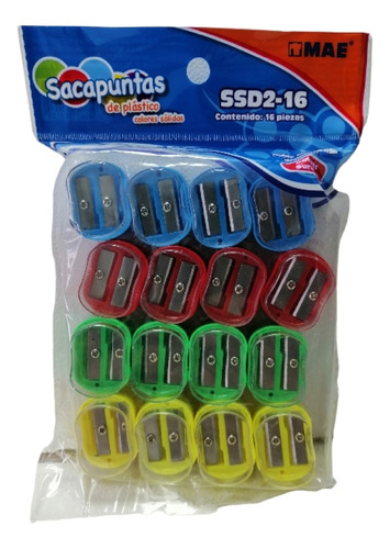 Sacapuntas Con Deposito + 2 Orificios Plastico Bolsa C/16 Pz Color Multicolor
