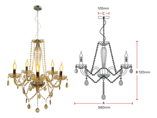 Lustre Candelabro Champagne Baronesa 5 Lâmpadas Avant E14