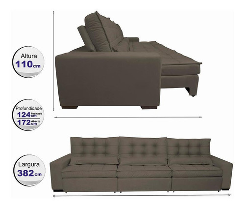 Sofá Retrátil e Reclinável 3,82m com Molas Ensacadas Cama Inbox Gold Tecido Suede Velusoft Café