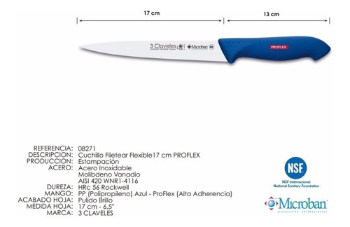 Cuchillo 3 Claveles Proflex Filetear 18 Cm  Cod 8271