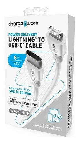 Cable Usb C A Lightning, Charge Worx, 6ft, Blanco