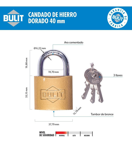 Candado De Hierro Dorado Bulit N° 40