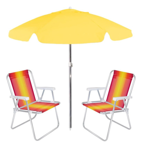 Kit Praia Guarda Sol Amarelo 1,60 M + 2 Cadeiras De Praia
