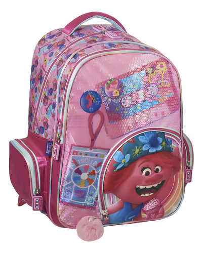 Mochila Poppy Trolls 2 World Tour Primaria Backpack Lentejuela En Vista Color Rosa Chicle
