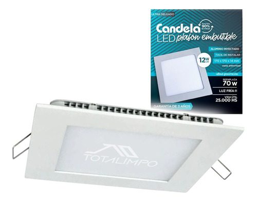 Plafón Led Cuadrado Embutir 12w (70w) Luz Fría Candela 6825