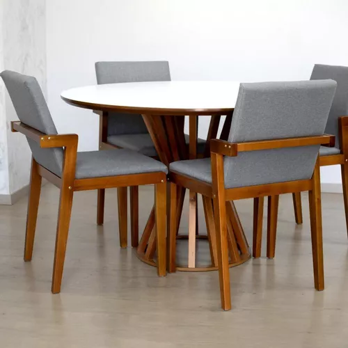 Conjunto Mesa de Jantar Redonda Cecília Amadeirada Natural 120cm com 4  Cadeiras Estofadas Isabela Cinza