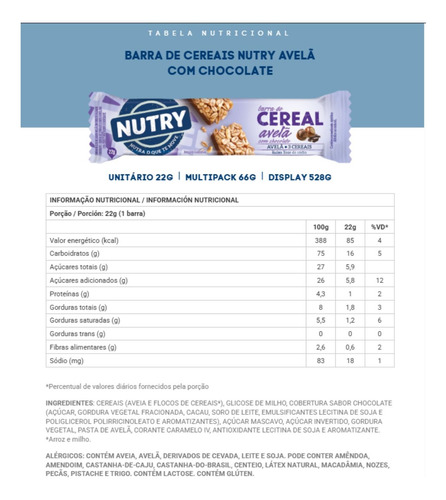 Barra De Cereais Avelã Com Chocolate 22g C/ 24 Un. Nutry