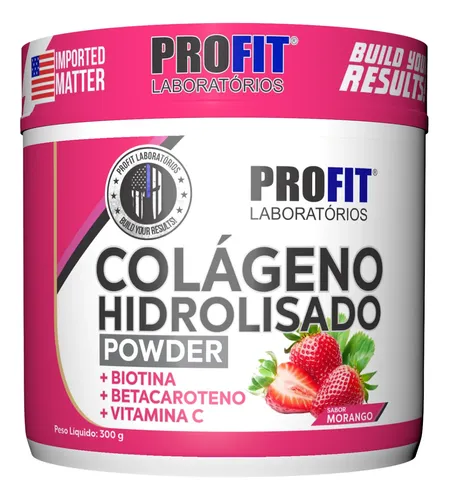 Colágeno Hidrolizado 300g Sabor Morango Suplemento Profit Morango