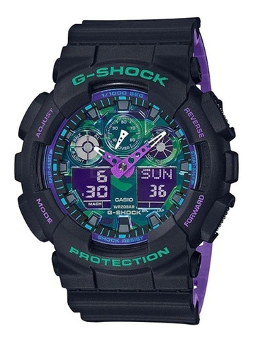 Reloj de pulsera Casio G-Shock GA100 de cuerpo color negro, analógico-digital, para hombre, fondo camuflado verde, con correa de resina color negro y violeta, agujas color violeta y blanco, dial gris, subesferas color gris, minutero/segundero celeste, bisel color negro y hebilla doble