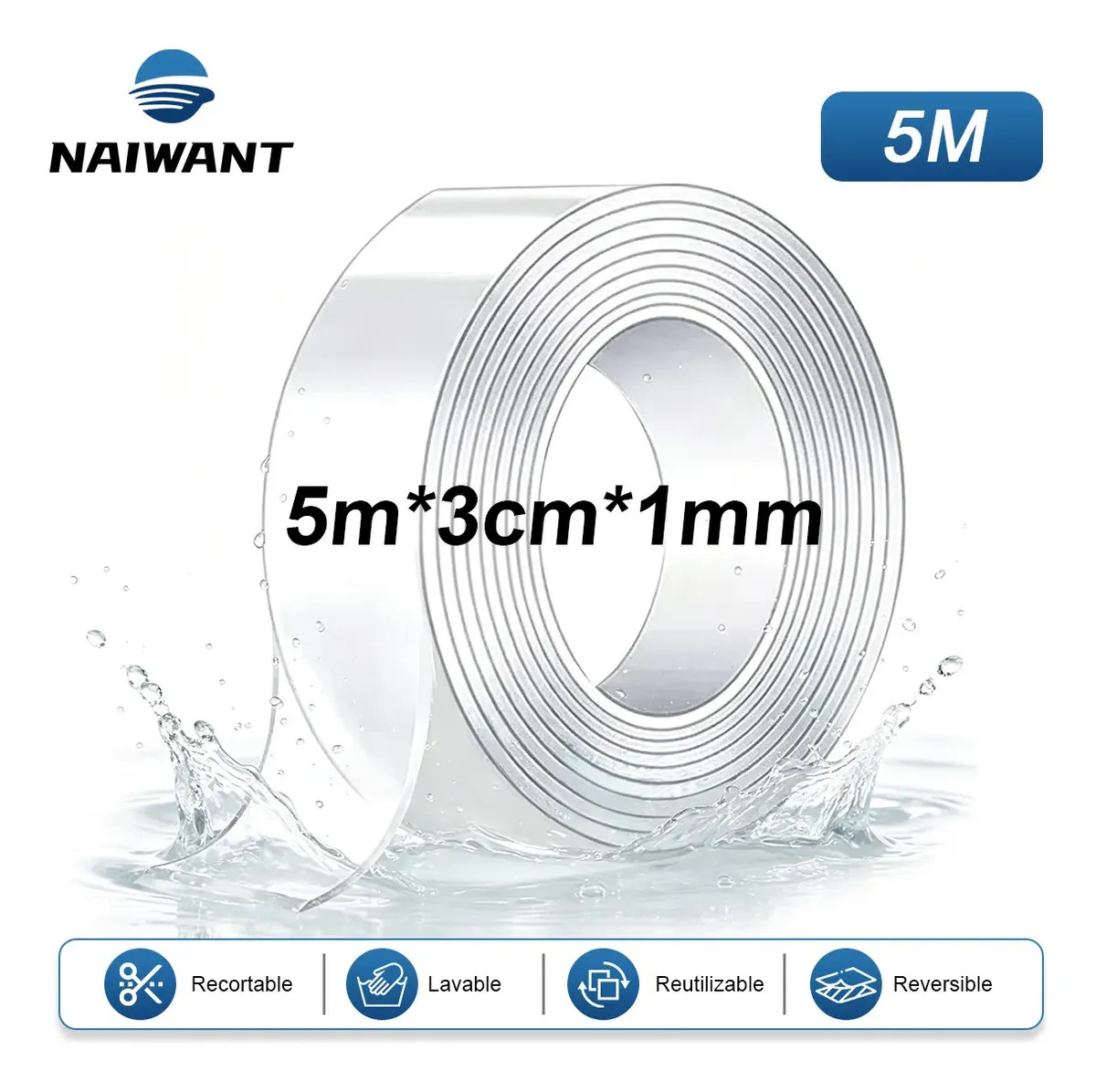 Naiwant 5m Cinta Nano Adhesiva De Doble Cara Lavable Reutilizable 5 Mts *3cm *1mm Lavable A Prueba De Agua Sin Dejar Residuo, Almohadillas Antideslizantes de Gel Adecuado para pare