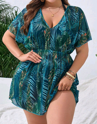 Salida De Playa Con Mangas Tipo Murciélago Talla Extragrande Multicolor Bosque 3xl