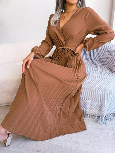 Elegante Vestido Plisado Con Cuello En V Cruzado For Mujer