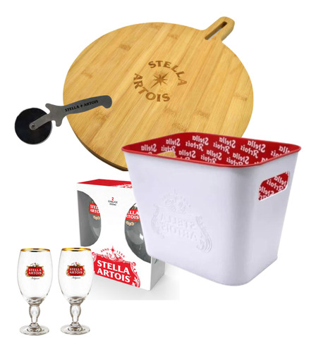 Box Regalo Stella Artois Tabla Corta Pizza Frapera 2 Copas 